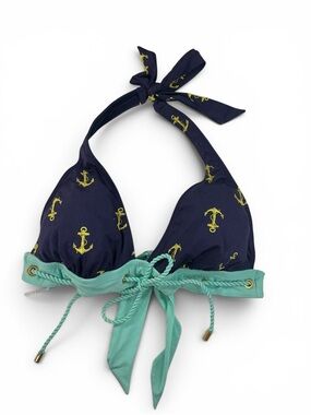 Cremieux Navy Anchor Halter Bikini Top with Mint Trim Size Med.